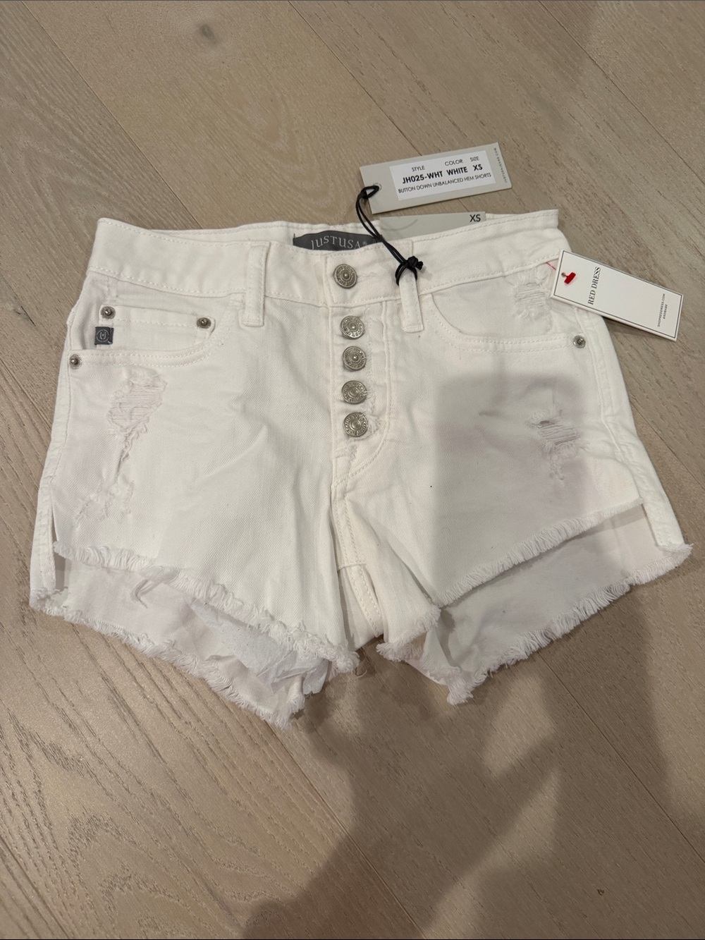 Just USA White Distressed Frayed Hem Button-Front Denim Shorts